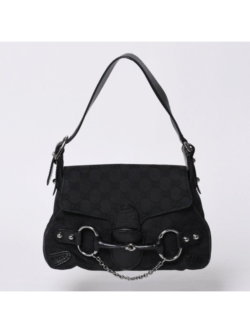 Gucci Horsebit Hobo Handbag GG Canvas Leather Black Silver